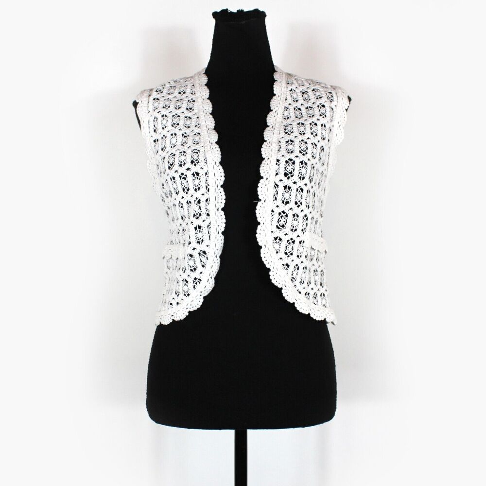 Maje White Crochet Knit Scallop Trim Cardigan Sleeveless Vest 36 Sweater Top
